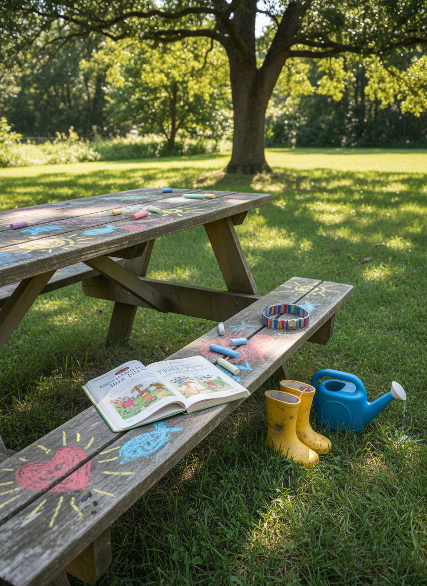 A sunny backyard scene with a slightly weathered wooden picnic table covered in colorful sidewalk chalk drawings of hearts, suns, and simple fish symbols, with a well-used children’s Bible storybook lying open among scattered chalk pieces. A pair of tiny rain boots stands beside a tipped-over watering can, while a cheerful dog collar rests on the bench, suggesting recent playful activity. Bright afternoon sunlight casts crisp, playful shadows across the grass and table. Captured in photographic realism from a low, childlike angle, the image feels spontaneous and fun, emphasizing lighthearted faith woven into ordinary outdoor family play.