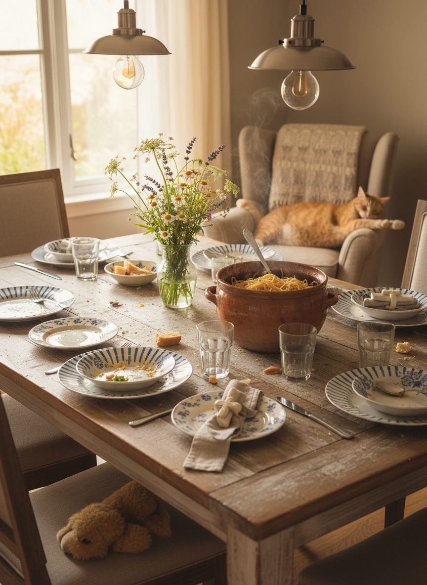 A farmhouse-style dining table set for an everyday family meal, with mismatched plates, a simple pot of steaming pasta, a small vase of wildflowers, and a discreet ceramic cross-shaped napkin ring. A cat stretches lazily on a nearby chair while a dog toy lies under the table, hinting at playful chaos without any people present. Soft overhead pendant lighting mixes with fading daylight from a nearby window, creating a warm, inviting glow. Shot in photographic realism from a slightly elevated angle, the composition captures crumbs, smudged glasses, and a dropped napkin, celebrating real-life imperfection and joyful, faith-filled family moments.