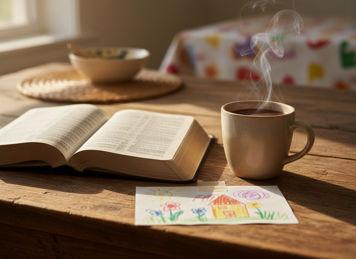 A well-worn family Bible lying open on a rustic wooden kitchen table, its thin pages slightly curled and edges softened with use. Next to it, a simple ceramic mug of cocoa with a faint swirl of steam, and a small, colorful drawing taped to the table that hints at children’s artwork without showing any people. Morning sunlight pours through an unseen window, casting warm, dappled light and gentle shadows across the scene. Photographic realism with a cozy, playful mood, captured at eye level with shallow depth of field, the Bible and mug in sharp focus while the background blurs into soft hints of a lived-in, cheerful home.