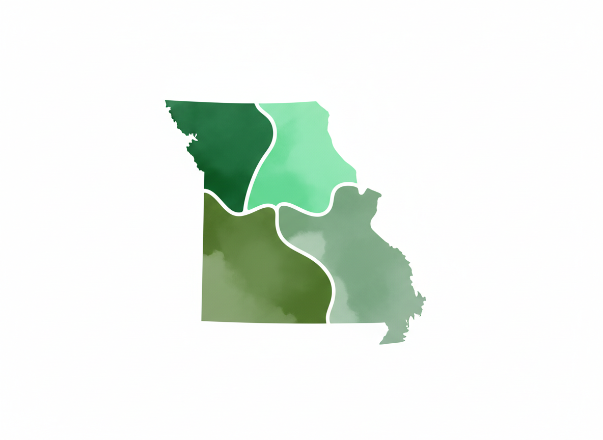 Stylized, artistic illustration of Missouri, Kansas, Oklahoma, and Arkansas grouped together as neighboring states, rendered in shades of green including sage green, forest green, mint, and olive. Modern graphic design with soft, organic shapes and green color tones. Clean, minimal, decorative illustration style with a white or very light background.