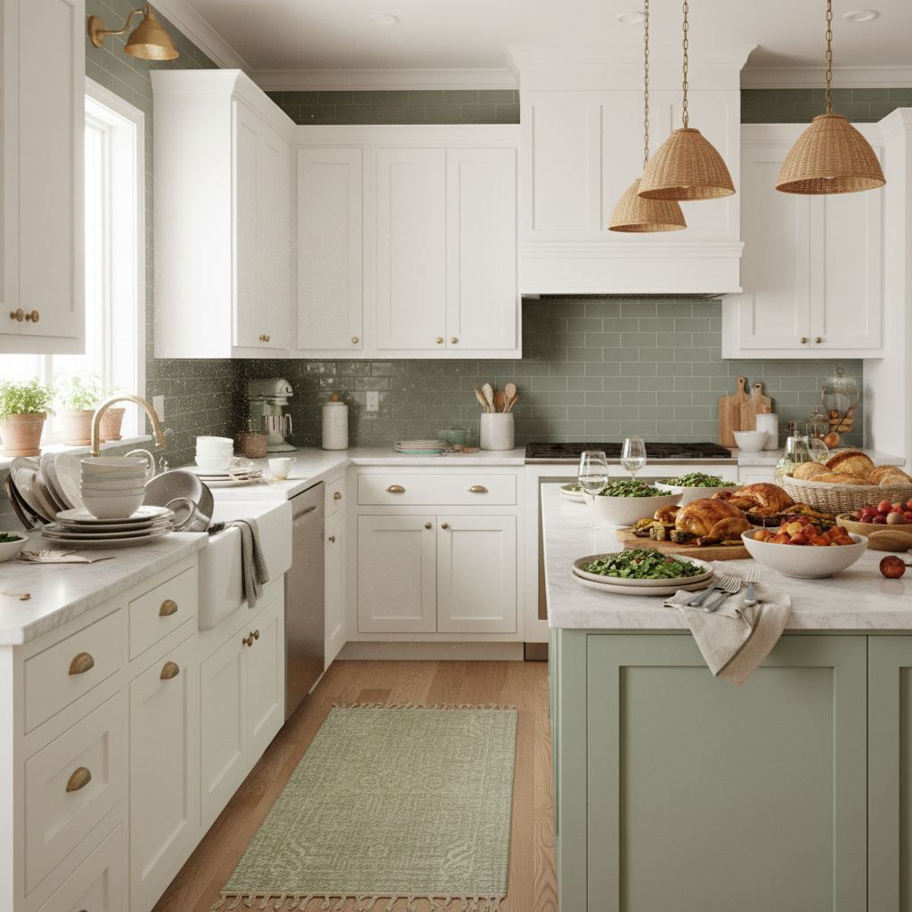 A bright white and green kitchen with white cabinets, green accents, and a large kitchen island. On the island there is a full dinner spread with plates of food. The sink has dishes stacked in it. Clean, warm lifestyle photography style, natural lighting.