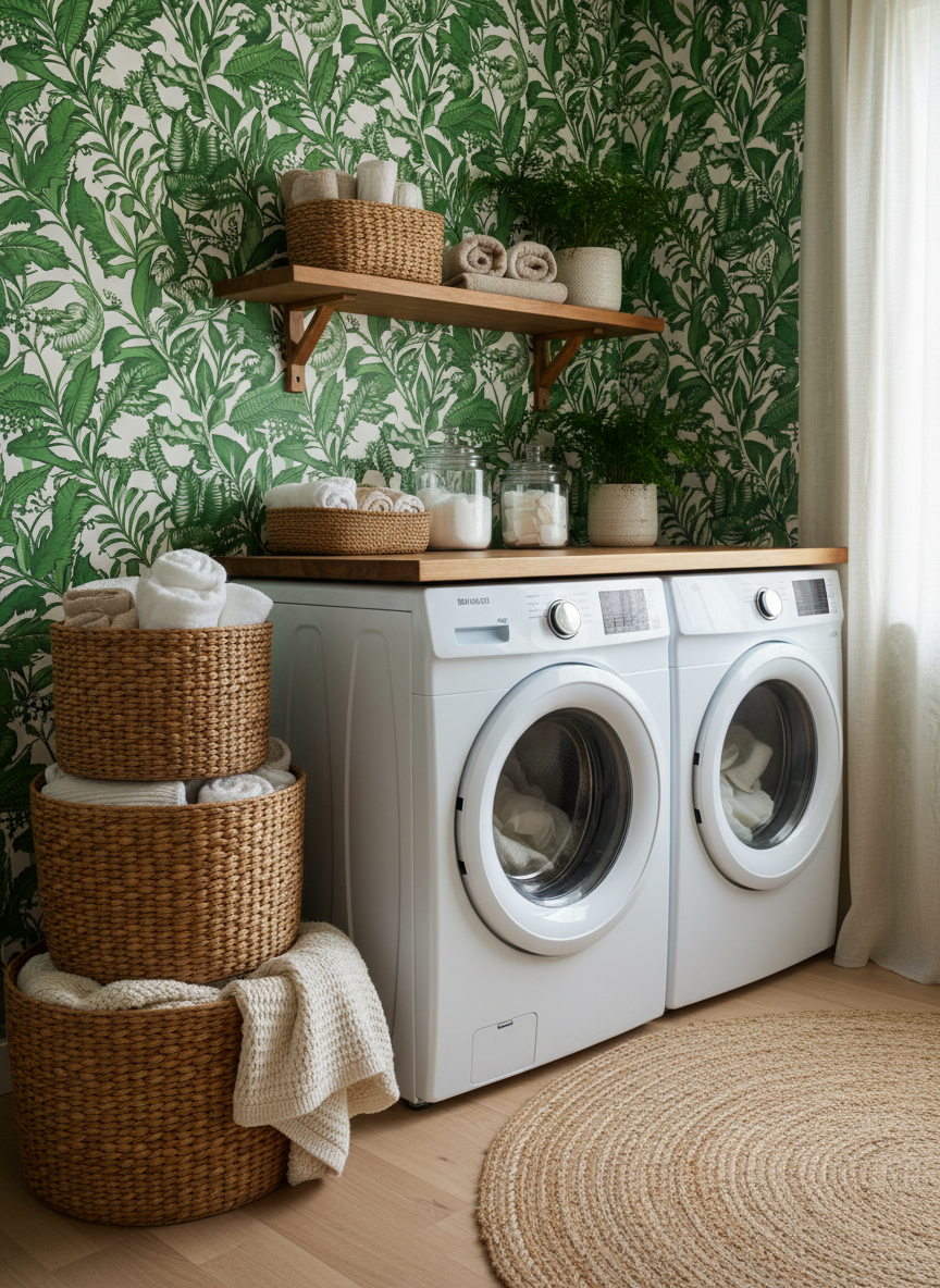 A cozy laundry room with a white washer and dryer side by side. Wicker baskets stacked with neatly folded towels and blankets. Bold green and white patterned wallpaper covering the walls. Warm, inviting lifestyle photography style, natural lighting, clean and organized aesthetic.